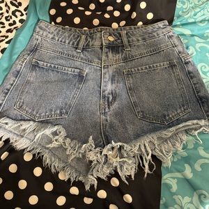 Medium Wash Raw Hem Denim Jean Shorts